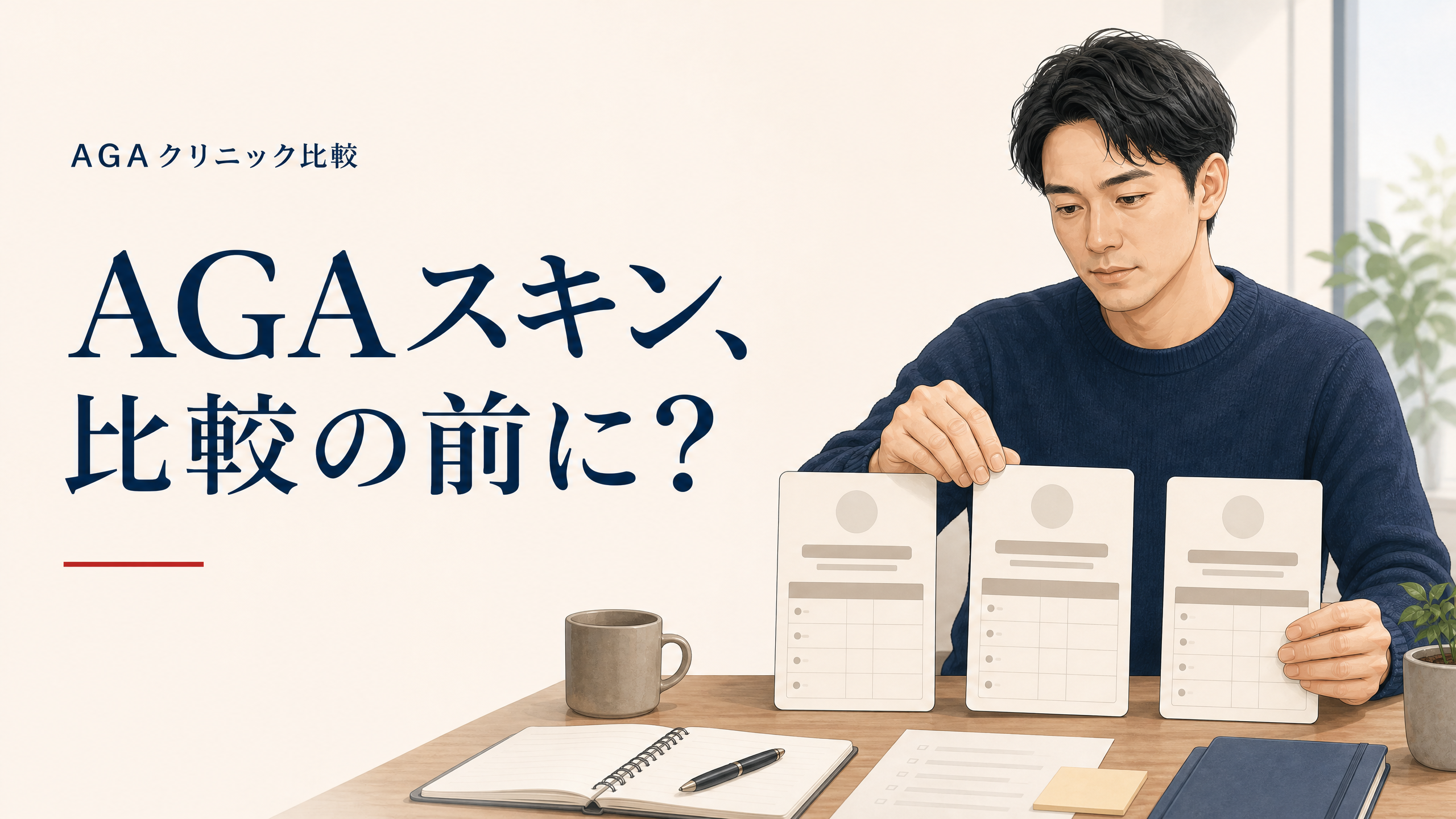 AGAスキンクリニックの治療内容と料金を比較検討する男性のアイキャッチ