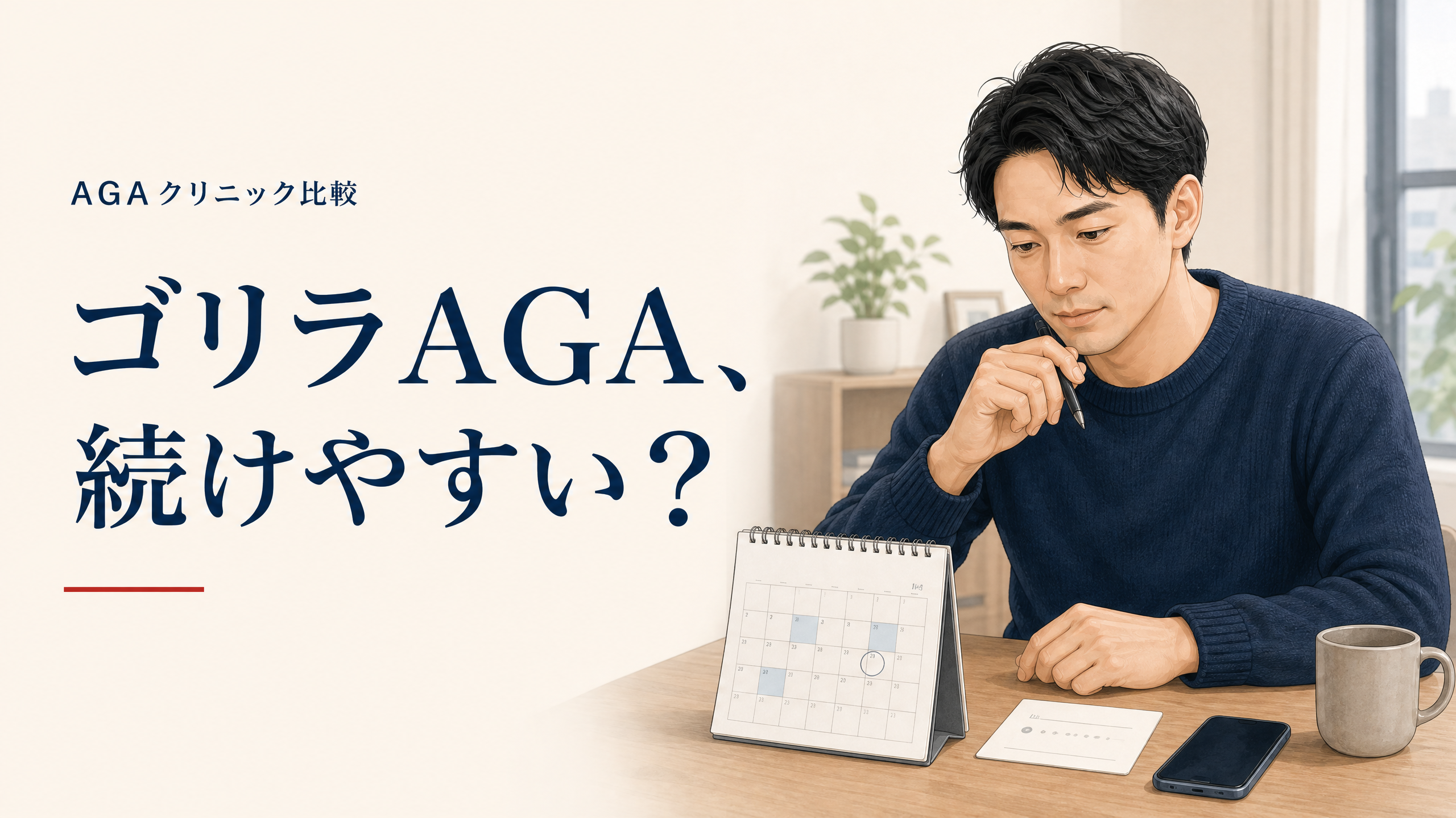 ゴリラクリニックのAGA治療を継続しやすいか検討する男性のアイキャッチ