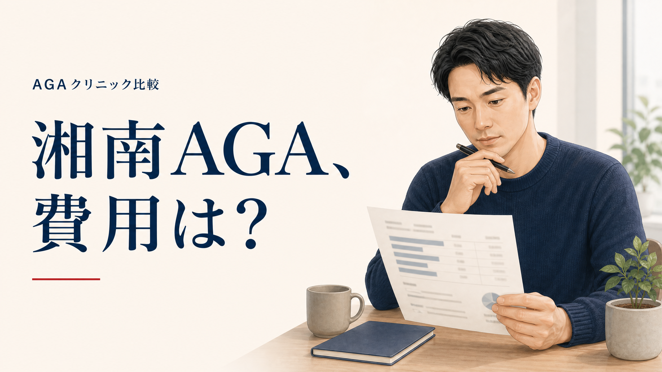 湘南美容クリニックのAGA治療費を比較検討する男性のアイキャッチ