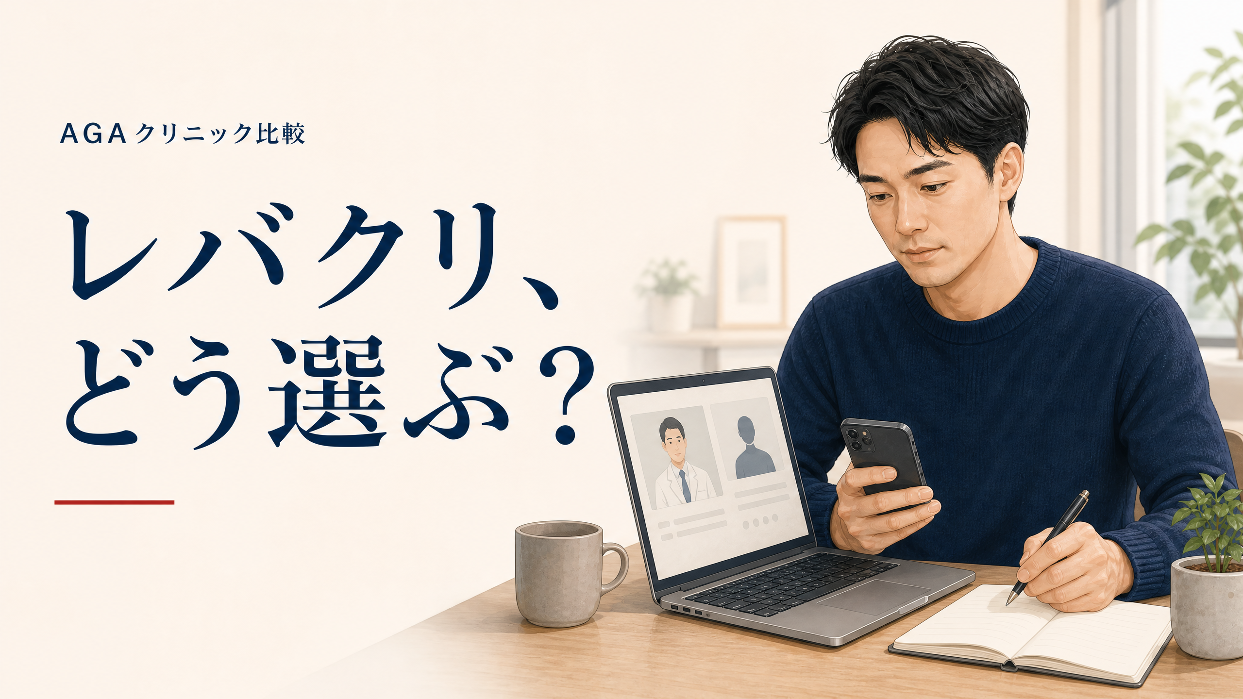 レバクリのオンラインAGA治療を比較検討する男性のアイキャッチ