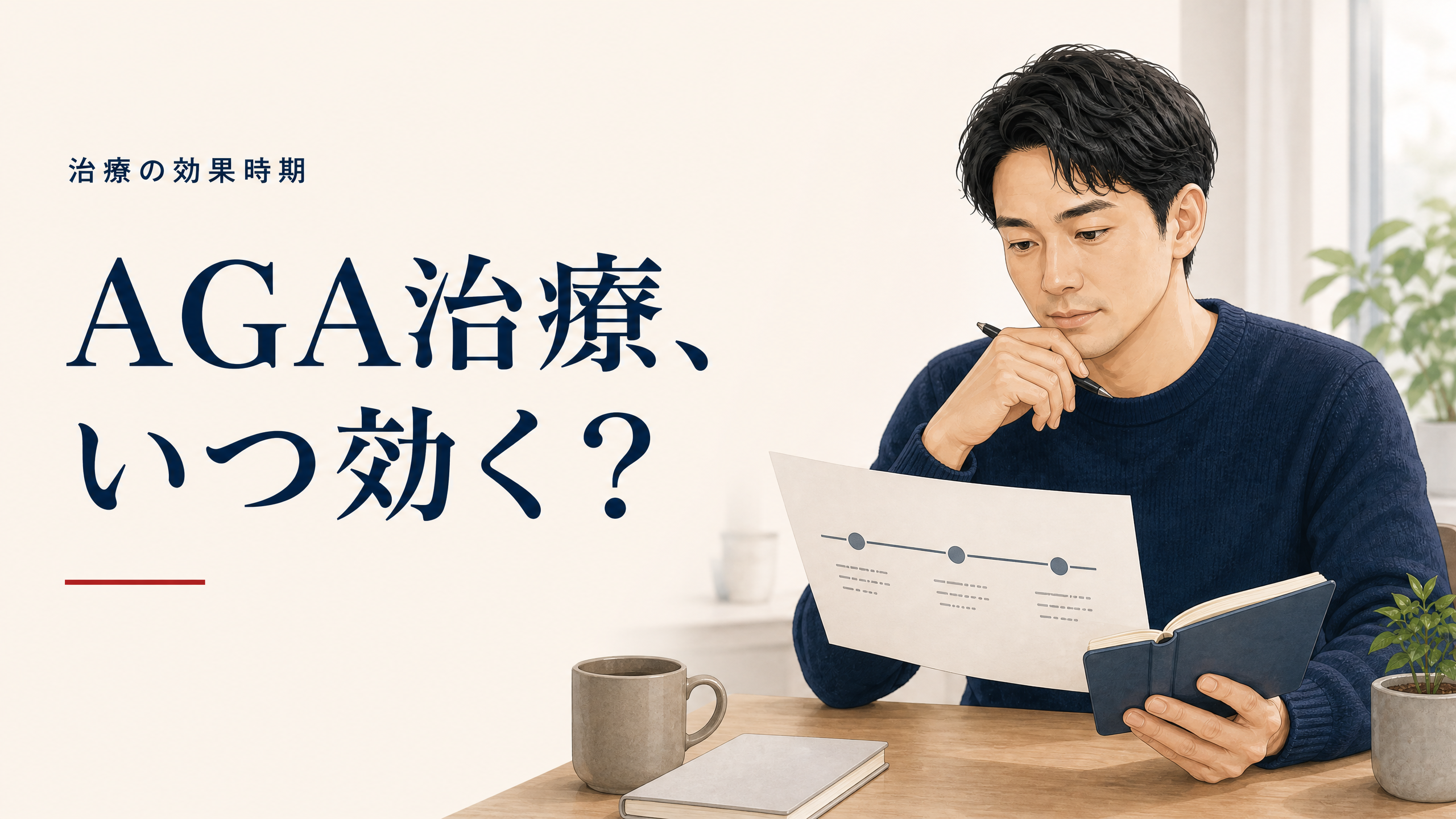 AGA治療の効果が出る時期と経過を確認する男性のアイキャッチ