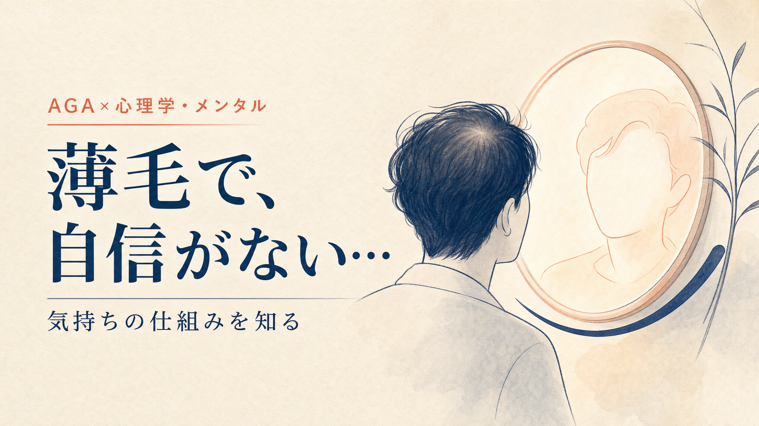 鏡を見る人物と自己イメージを示す薄毛と自信に関する記事アイキャッチ