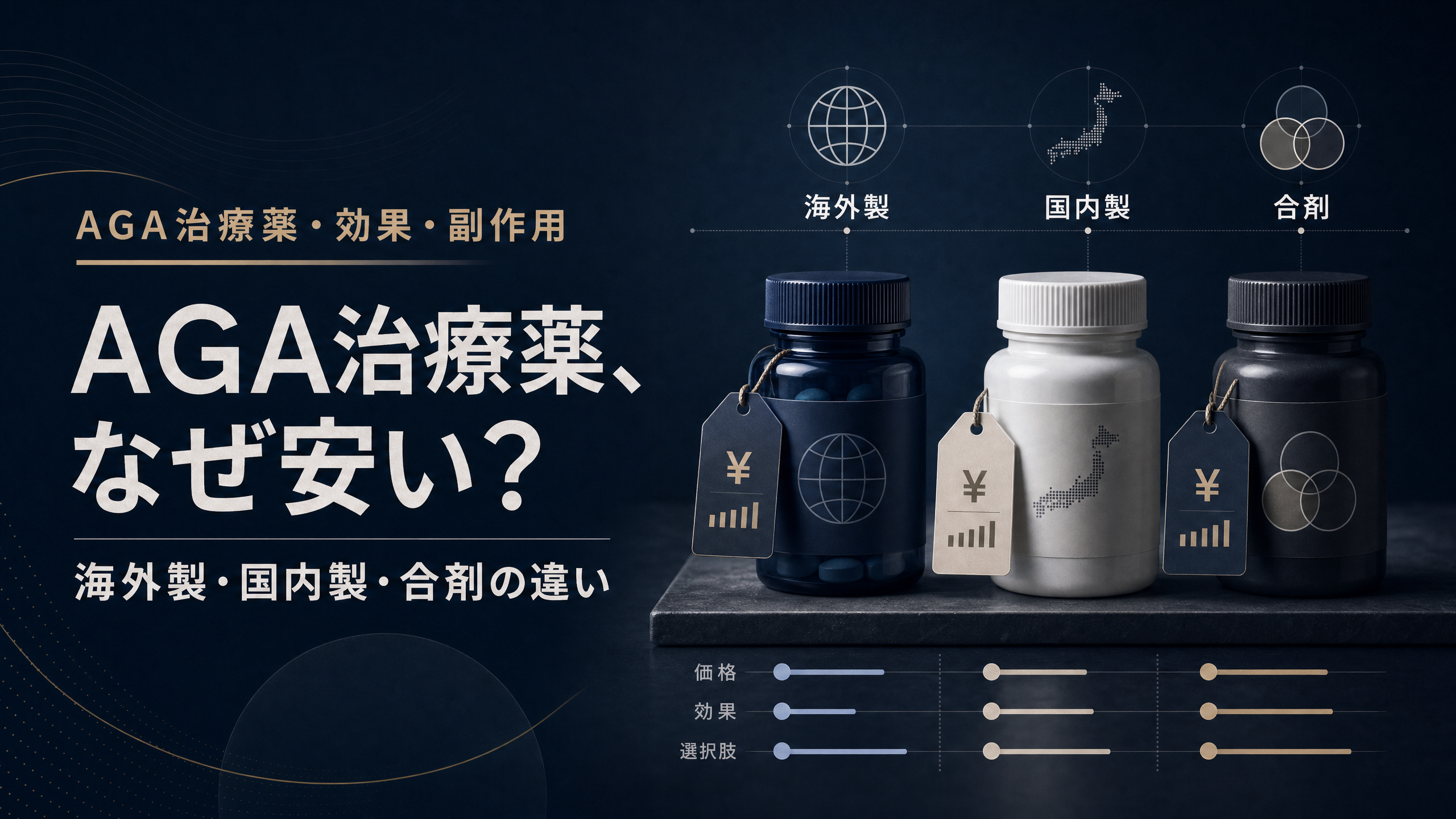 3種類のAGA治療薬を比較するイラストと「AGA治療薬、なぜ安い？」のタイトル