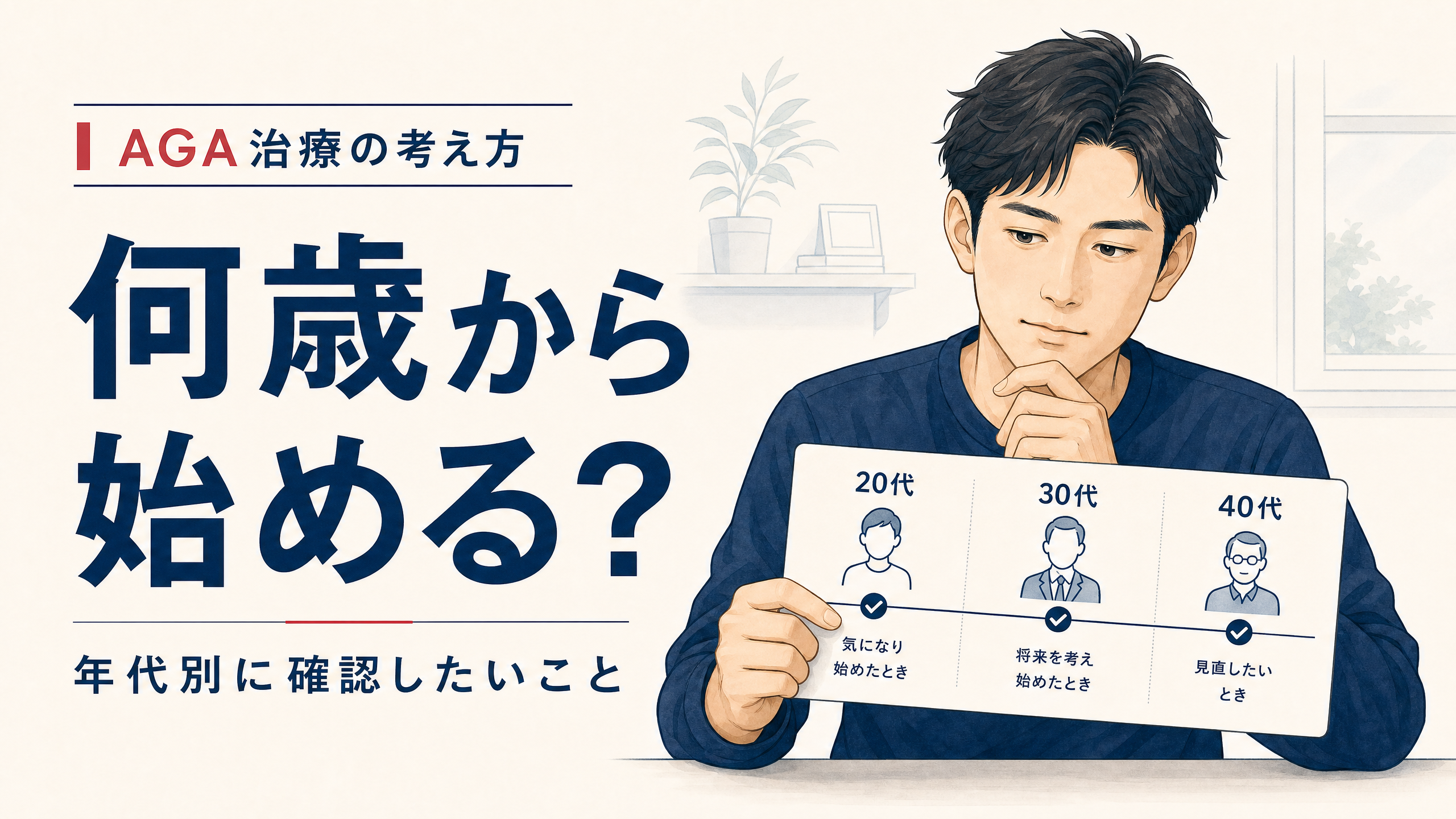 AGA治療を始める年齢と年代別の考え方を示すアイキャッチ