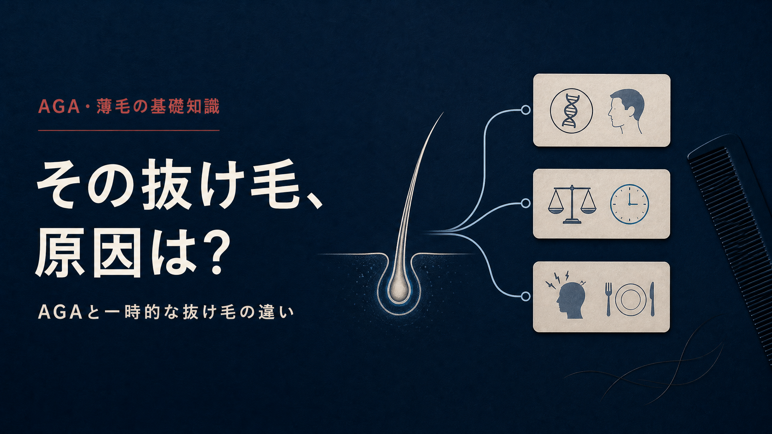 男性の抜け毛の主な原因を示す「その抜け毛、原因は？」のアイキャッチ