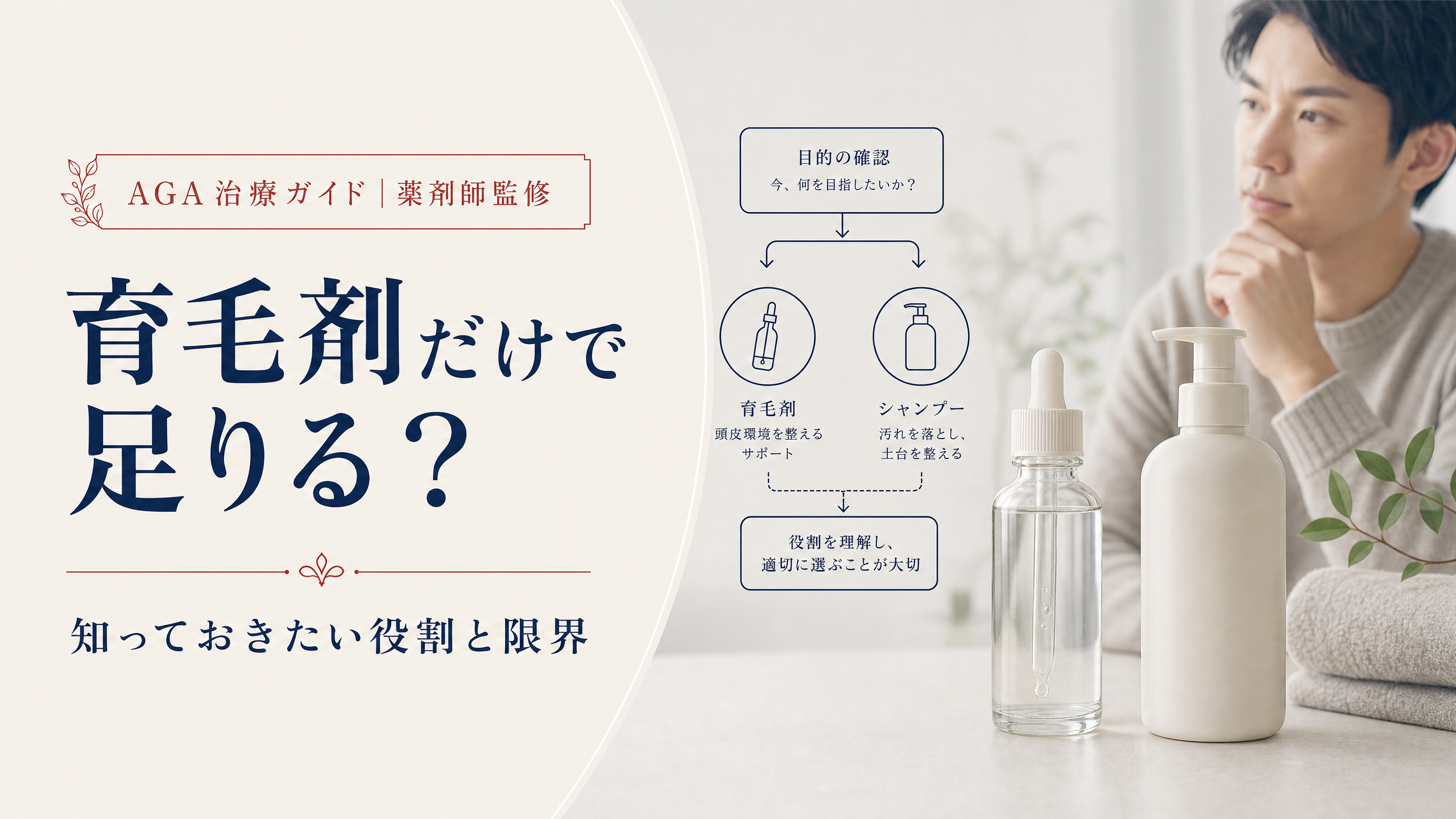 育毛剤とシャンプーの役割を見直す男性を示すアイキャッチ