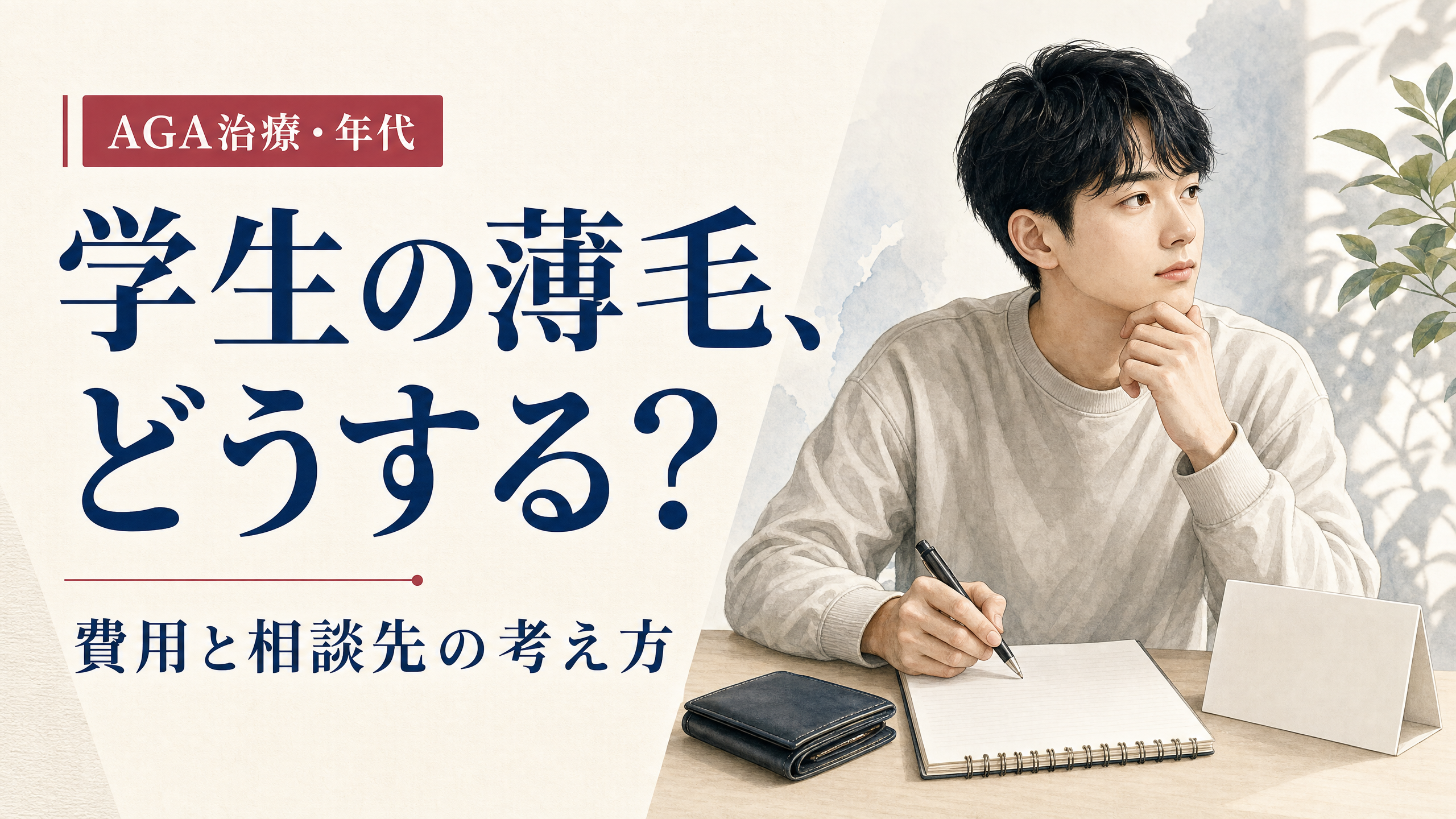 学生と費用メモを示す「学生でもAGA治療できる？」のアイキャッチ