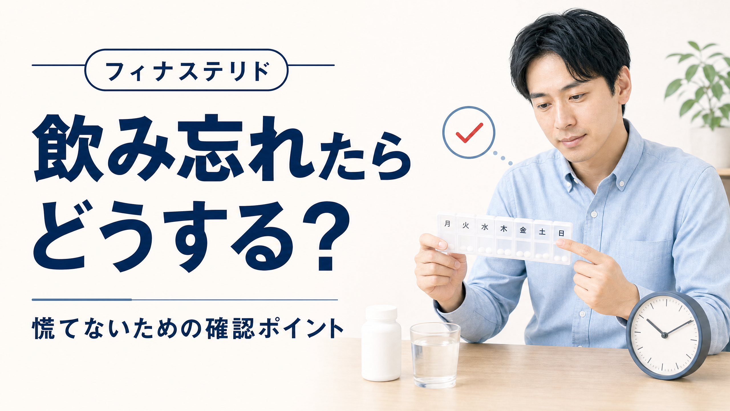 フィナステリドを飲み忘れた際の確認ポイントを示すアイキャッチ