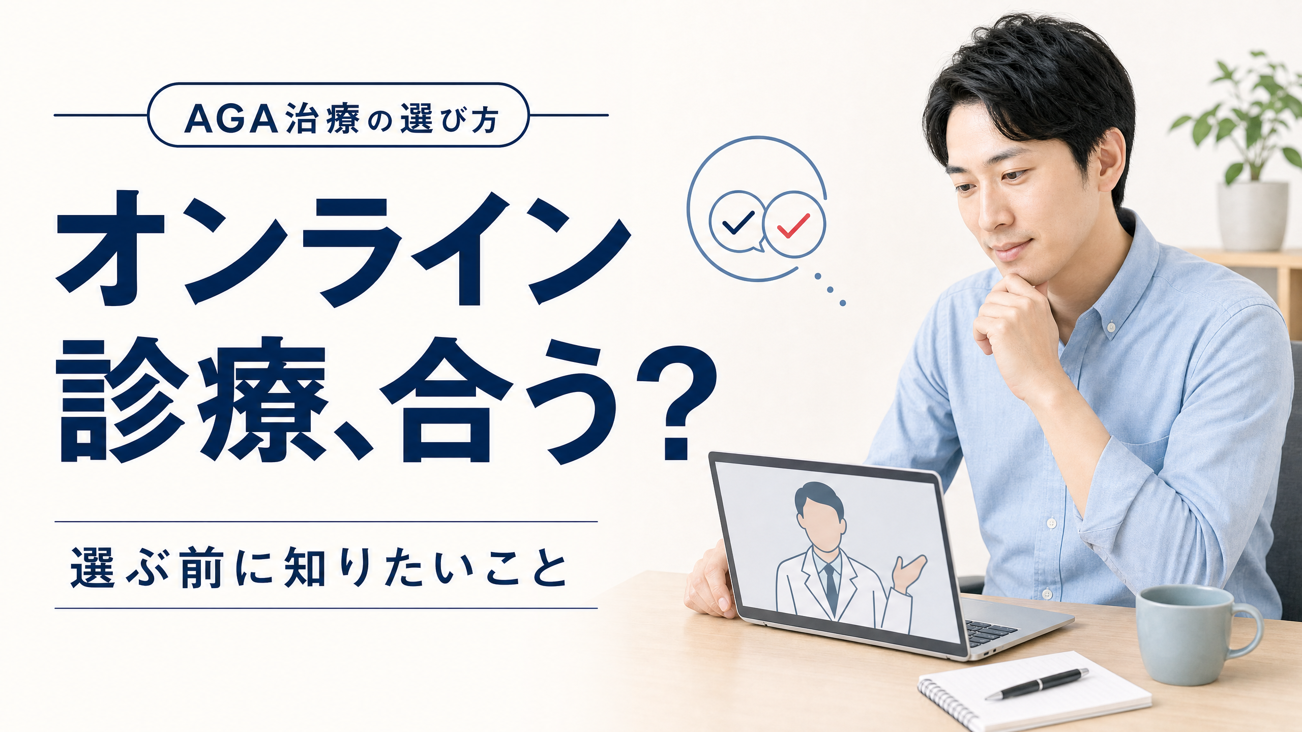 オンラインAGA診療と対面受診を比較検討する男性のアイキャッチ