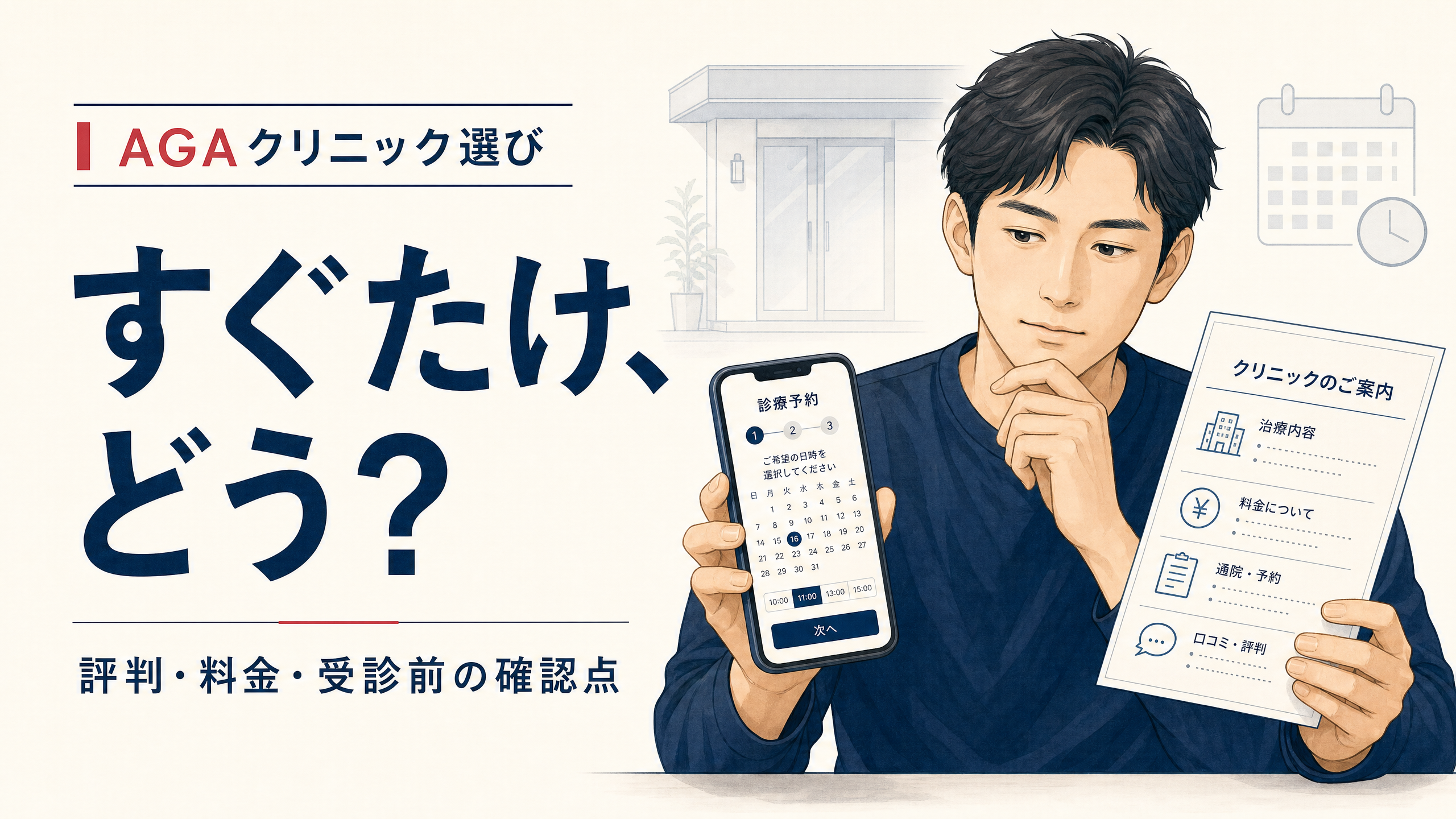 すぐたけクリニックの評判と料金を比較検討する男性のアイキャッチ