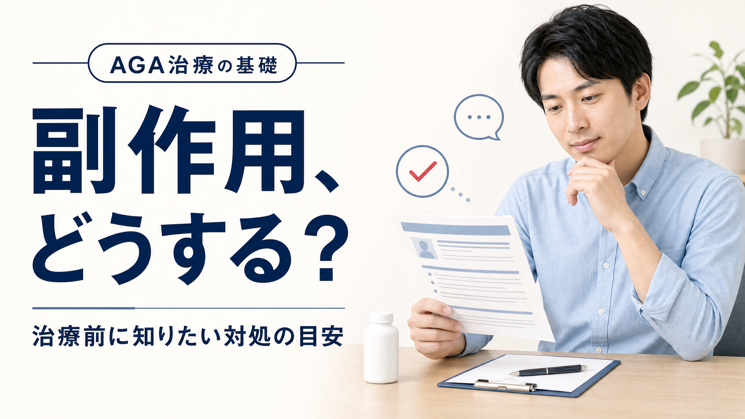 AGA治療薬の副作用と対処の確認ポイントを示すアイキャッチ