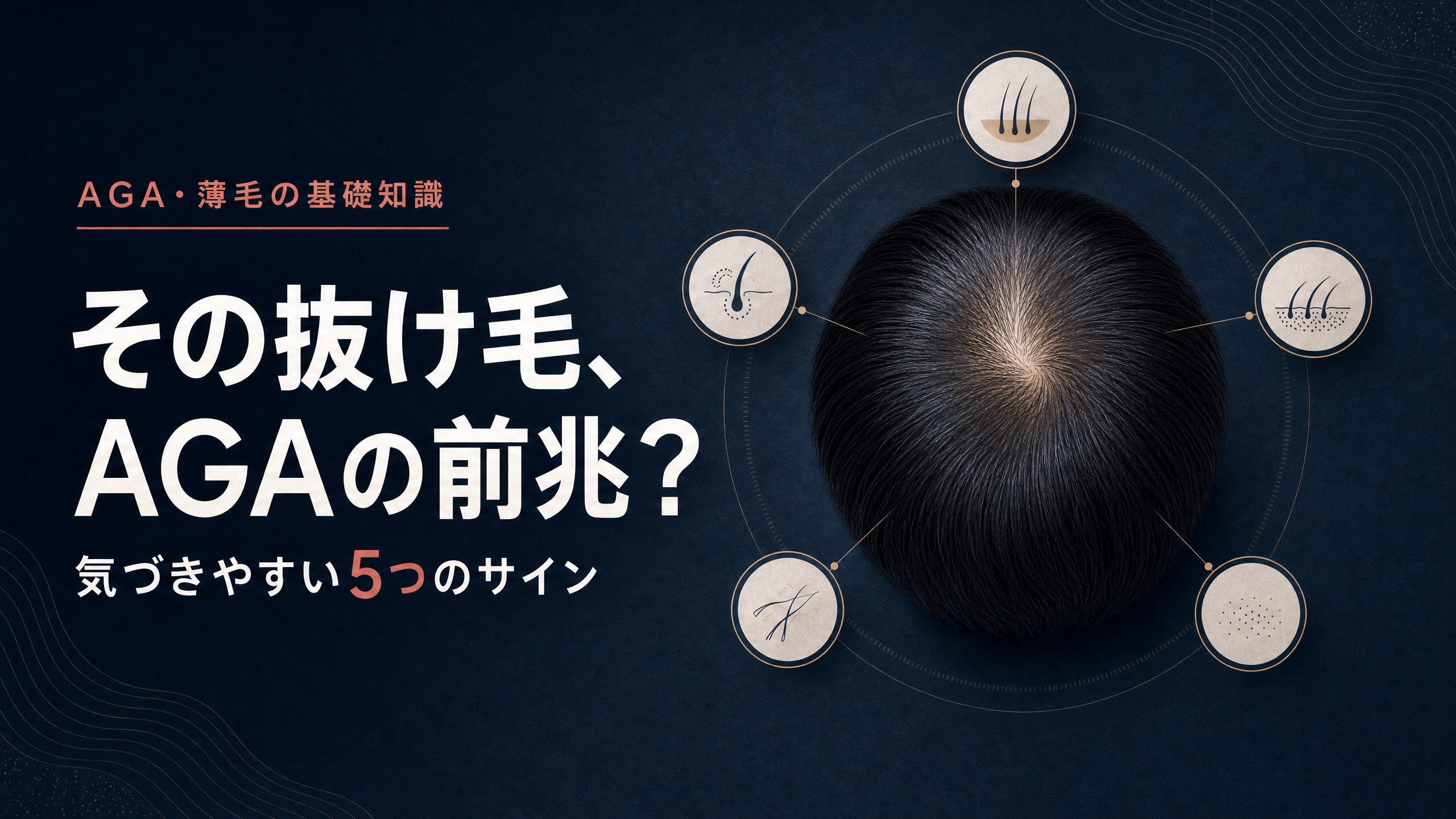 頭頂部の観察イラストと「その抜け毛、AGAの前兆？」のタイトル